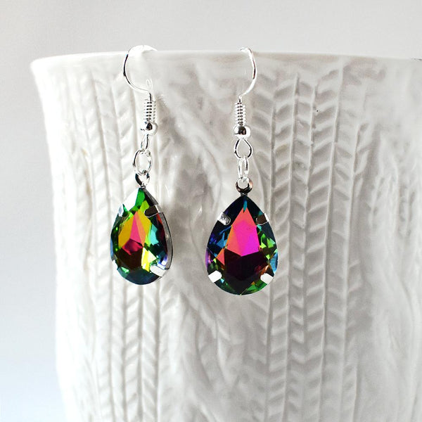 Earrings - Green And Pink Crystal Teardrop Earrings