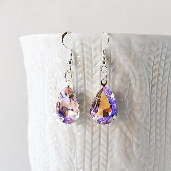 Earrings - Lavender And Gold Crystal Teardrop Earrings